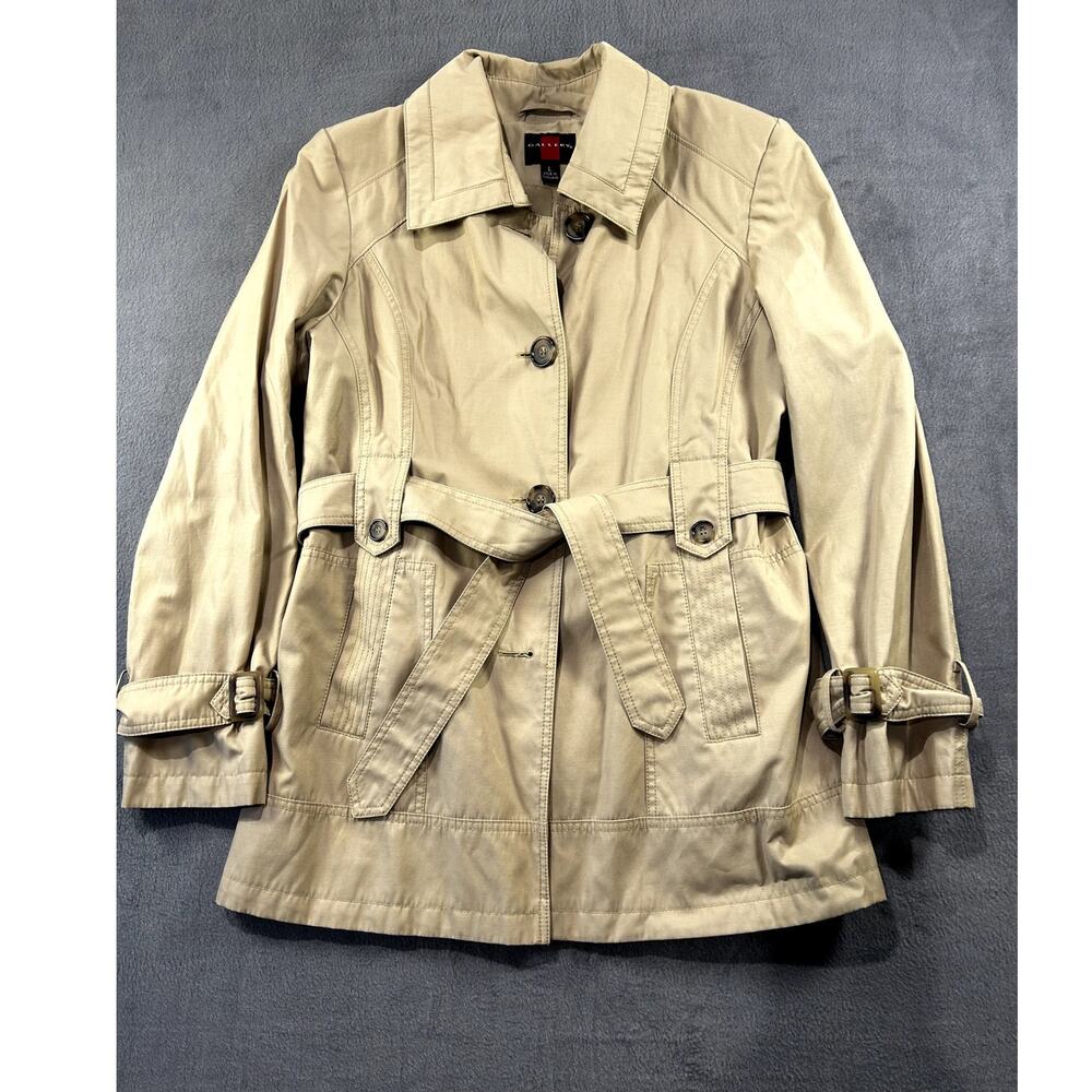 Gallery Women’s Beige Belted Trench Coat Button Front Mid Length Jacket Large
